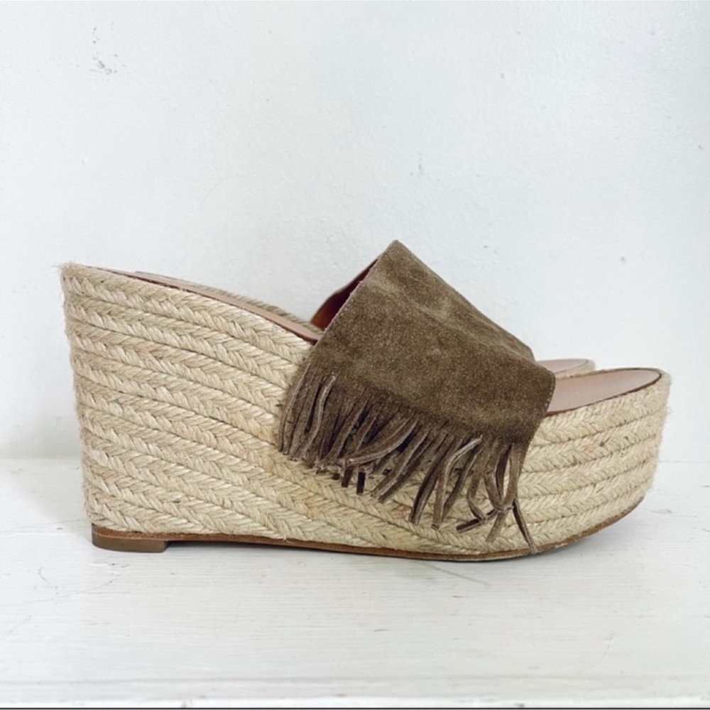 Chloé Estel Tan Suede Fringe Slide Strap Jute Wrap Platform Wedge Sandal Size 40